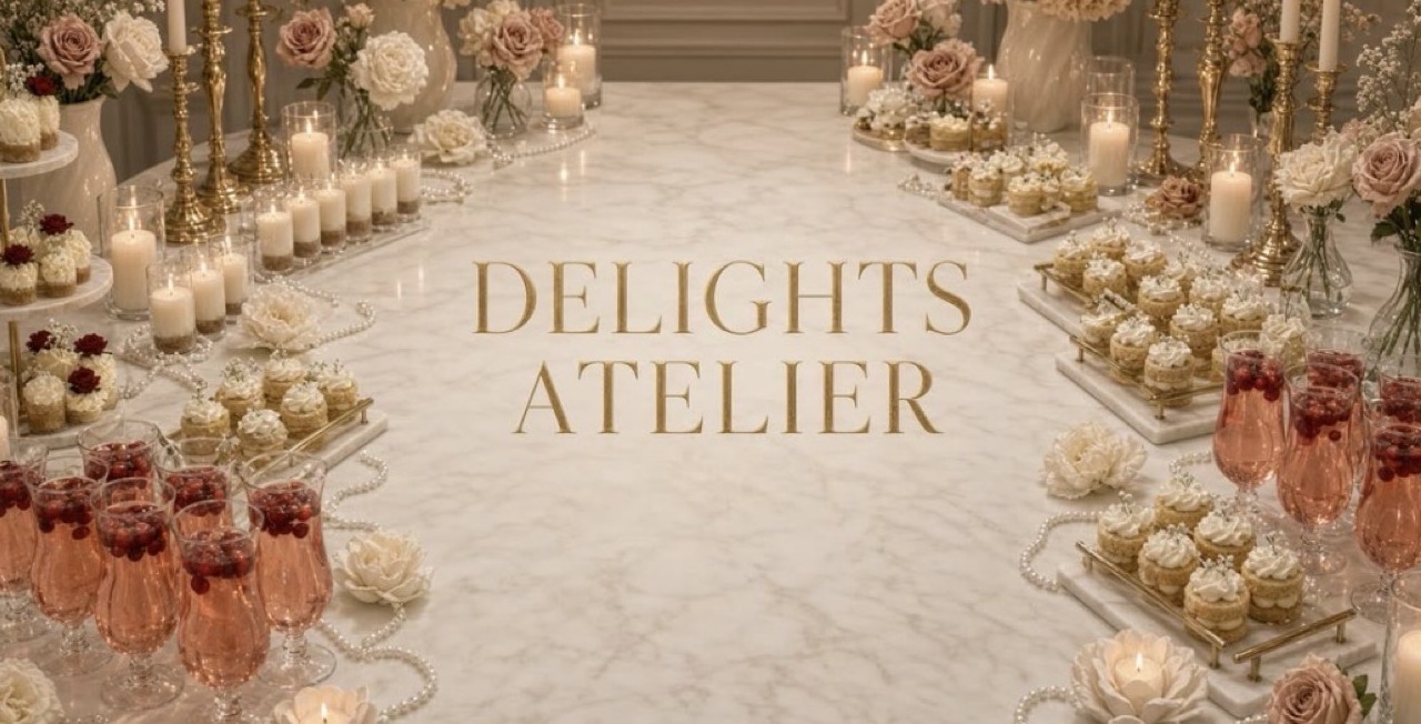 Lange sweet table van Delights Atelier met rozen, kaarsen, cupcakes en mocktails